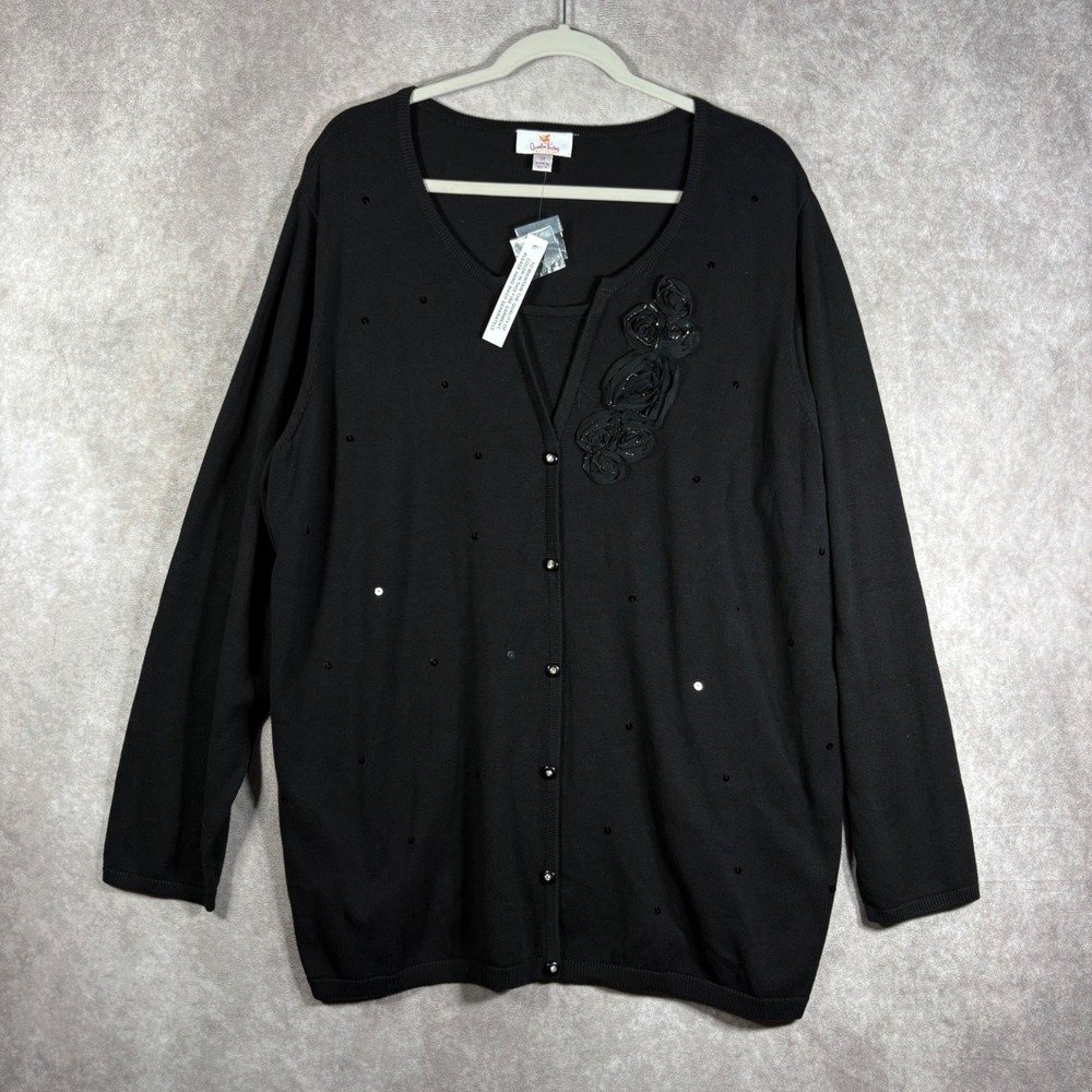Quacker Factory Cardigan Womens 2X Black Floral Sequin Button Up Artsy Boho NEW